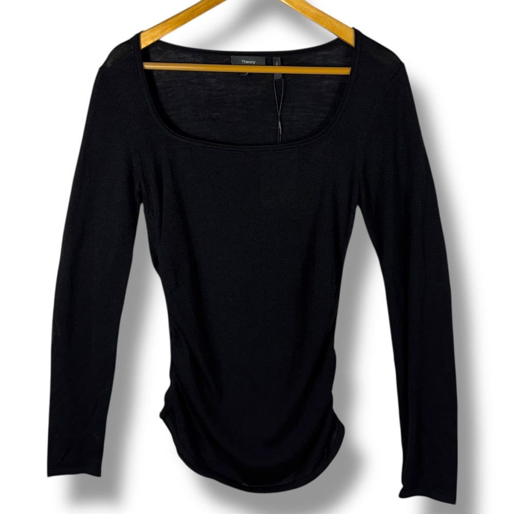 Theory Open Neck Shirred Wool Blend Sweater, Black, Size Medium - Picture 2 of 13